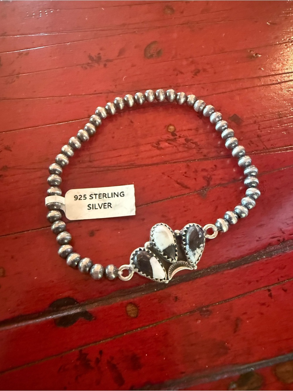925 Sterling Silver Stretch Beaded Bracelet with White Buffalo